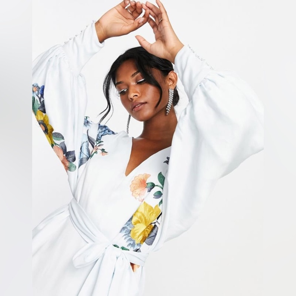 ASOS edition satin belt midi dress floral embroidery baby blue 12